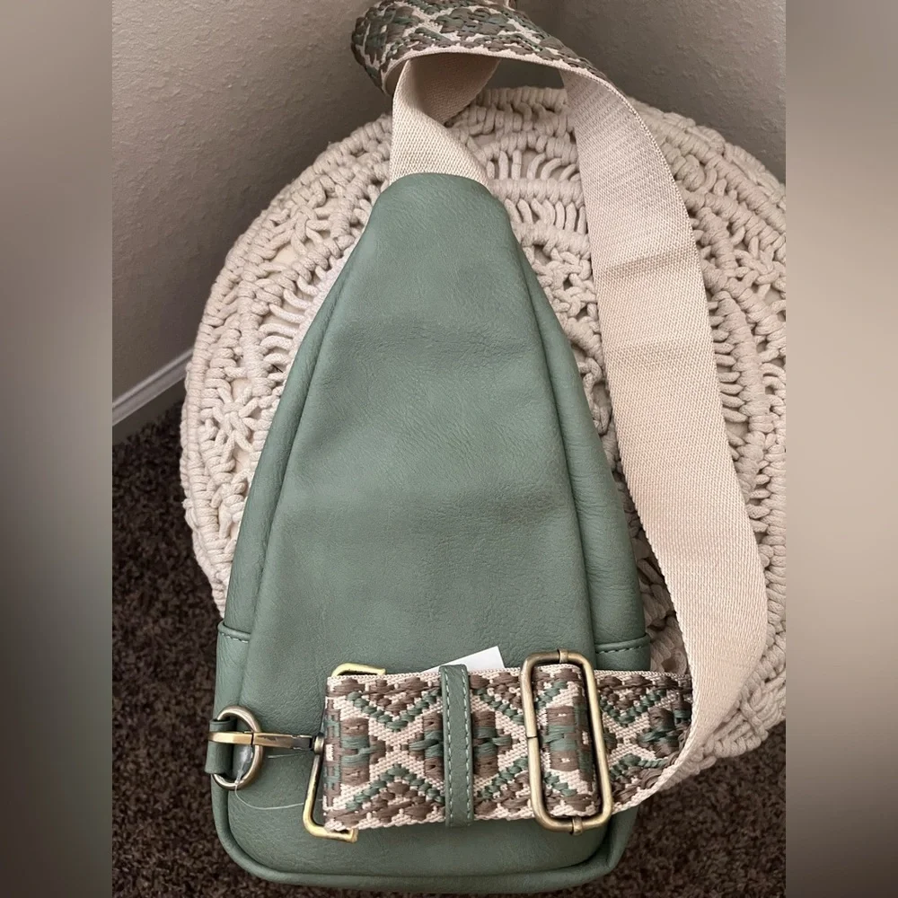 New Sage Green Sling Bag with Patterned Strap - Picture 5 of 7